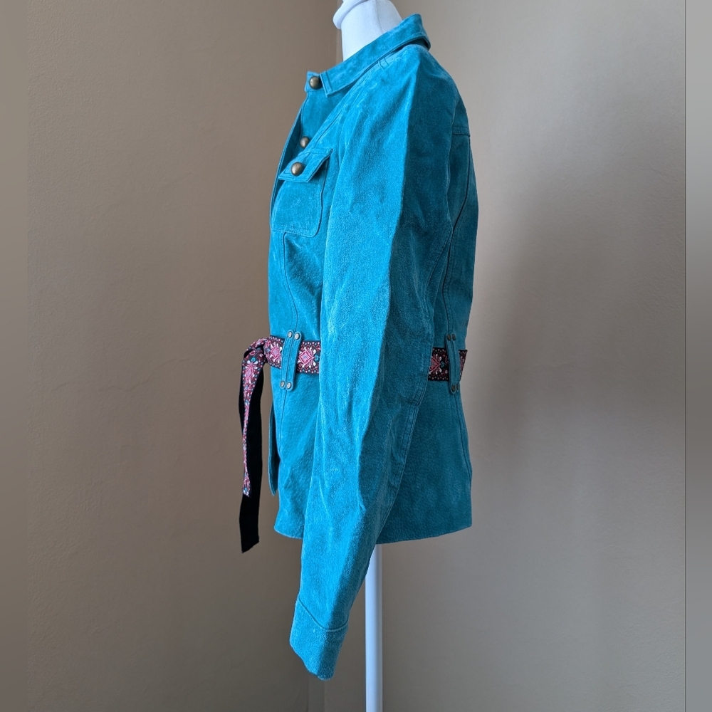 Ruff Hewn Suede Turquoise Utility Jacket with Patterned Belt Women's Size M - Picture 3 of 13
